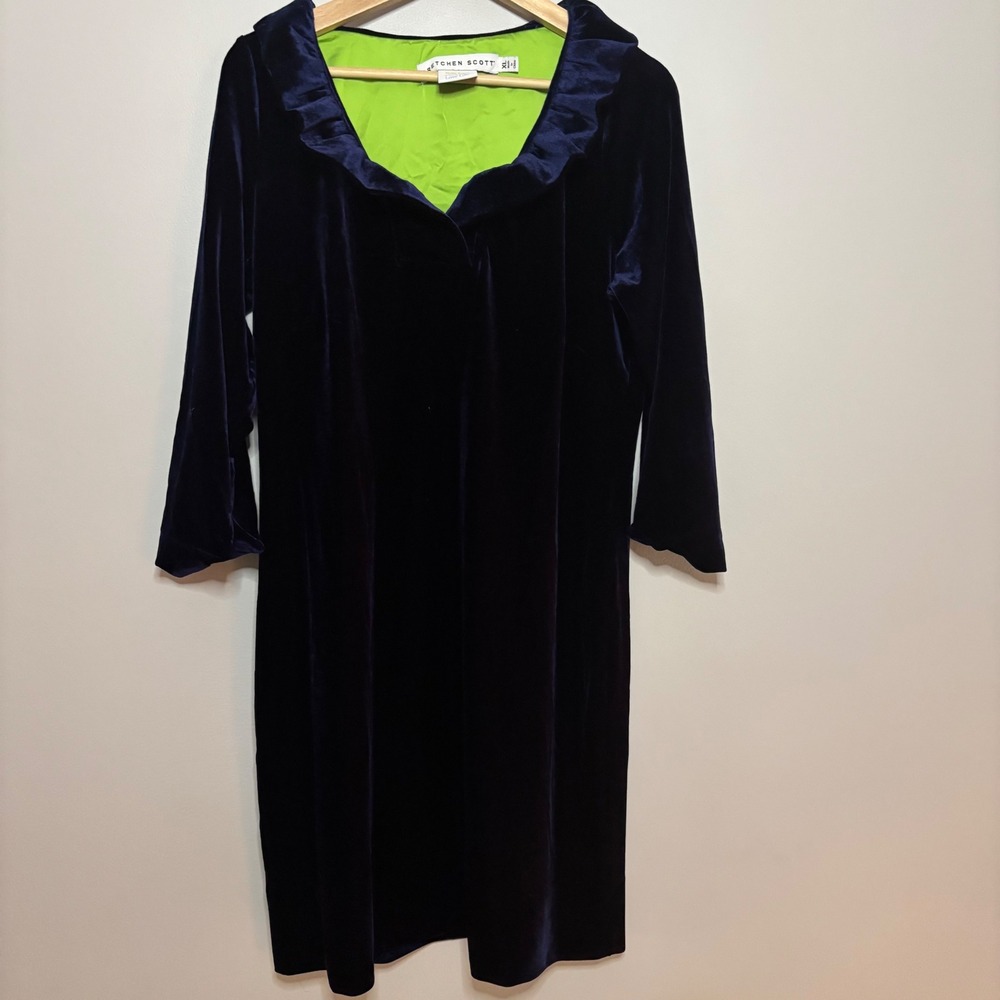 Gretchen Scott Ruffneck Dress Silky Velvet Womens XL Deep Navy Blue Quiet Luxury